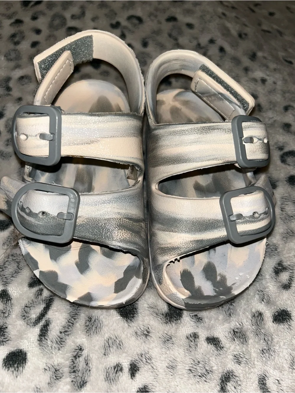 Kids Gray and White Striped Buckle Sandals